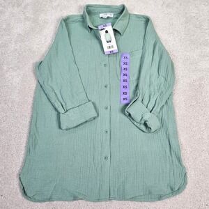 NWT's Anne Klein Jeans Sz XS Green Gauze Button Down Long Sleeve Shirt Tunic Top